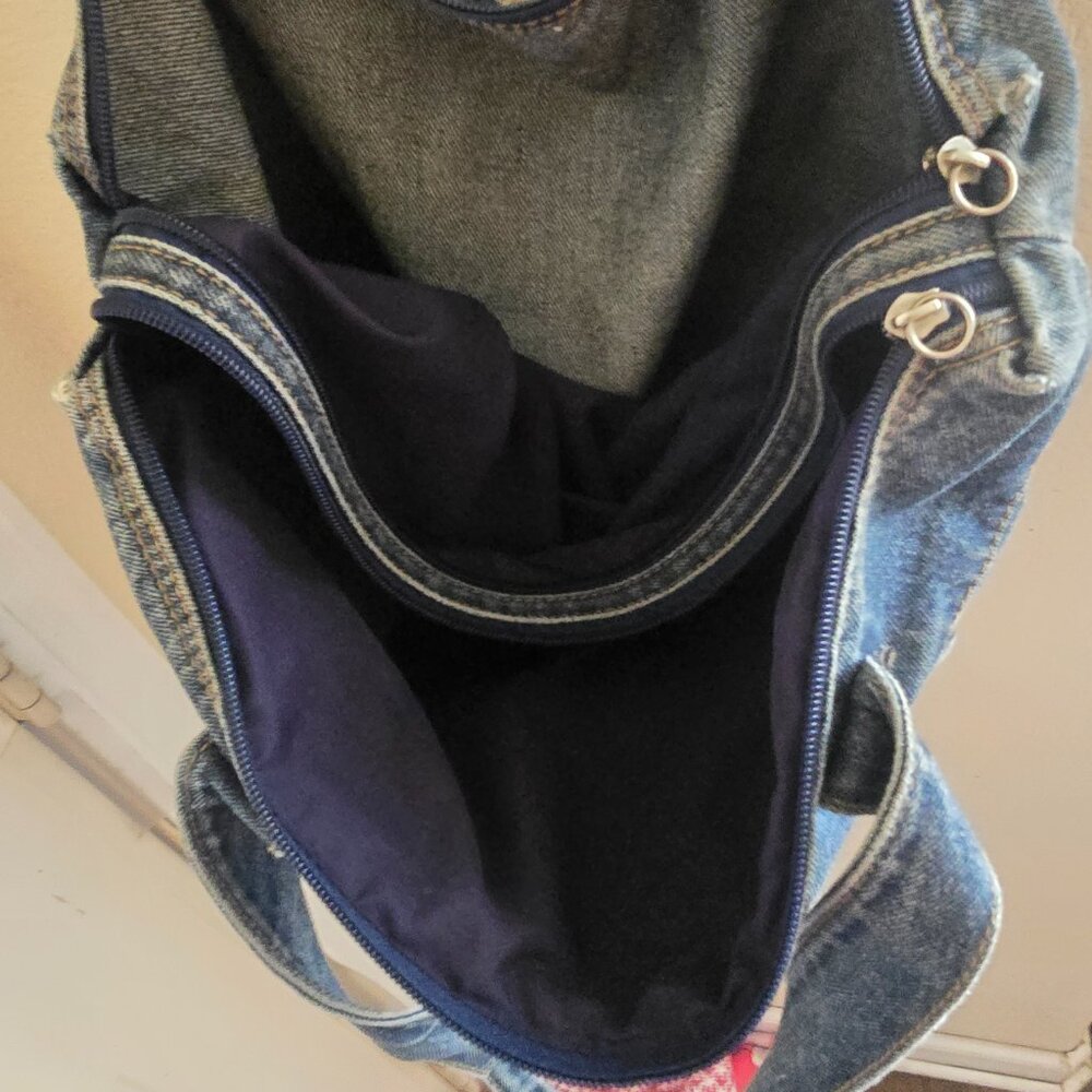 Handmade Upcycled Denim Shoulder Bag with Pockets - Picture 2 of 4